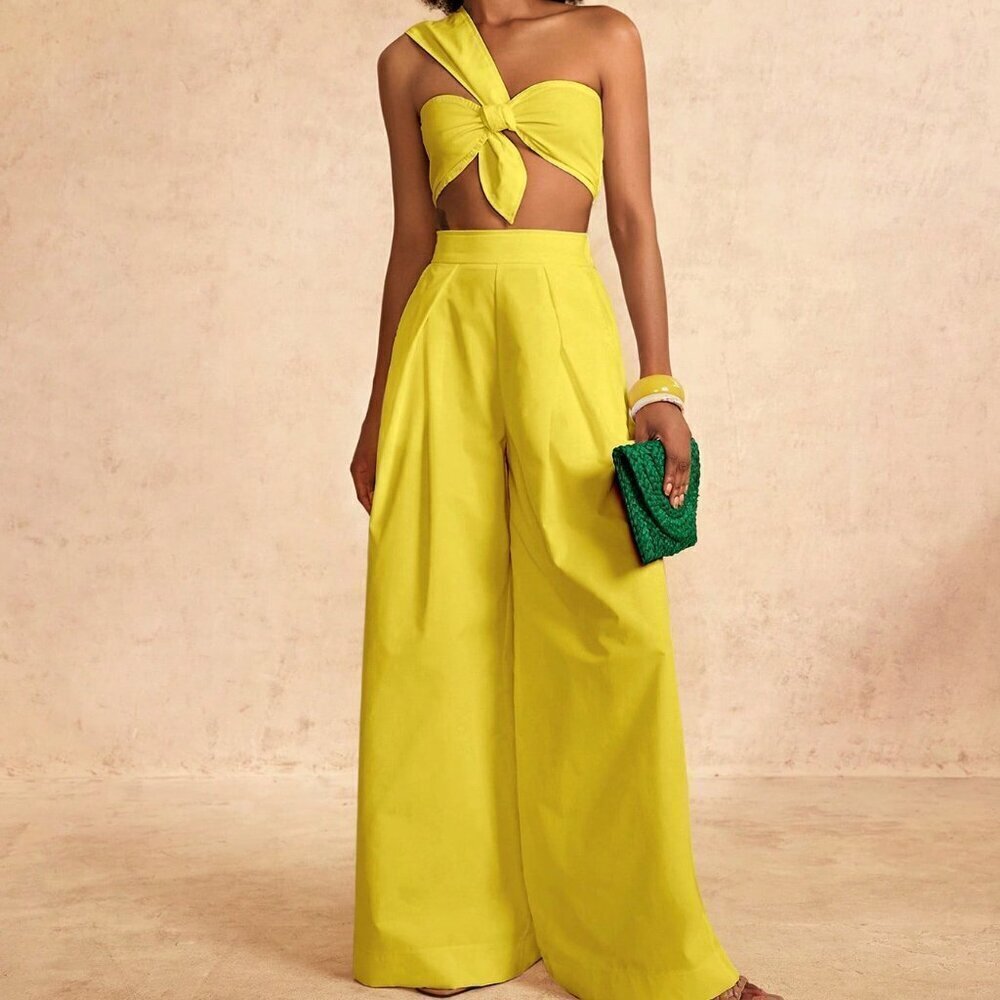 Yellow Elegant Women's Vacation One-Shoulder Chest Knot design crop top & pants